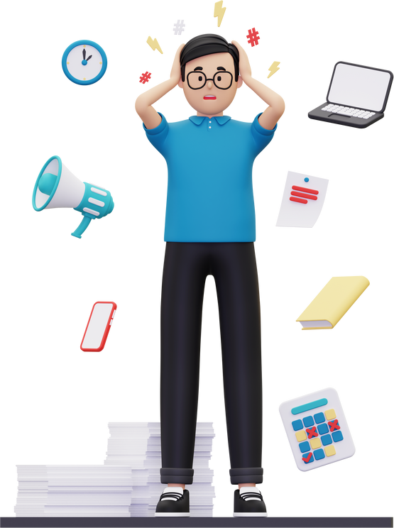 3d Man suffer from depression due to workload illustration